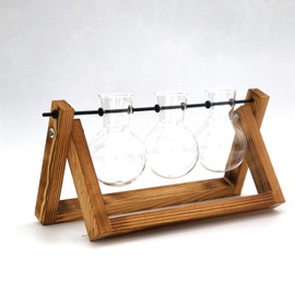 Wooden Base Glass Vase - Plant Holder & Propagation Station for Hydroponic Plants, Desktop Terrarium with Wooden Stand, Stylish Home & Office Décor, Great Gift for Plant Enthusiasts (FGJ-3B)