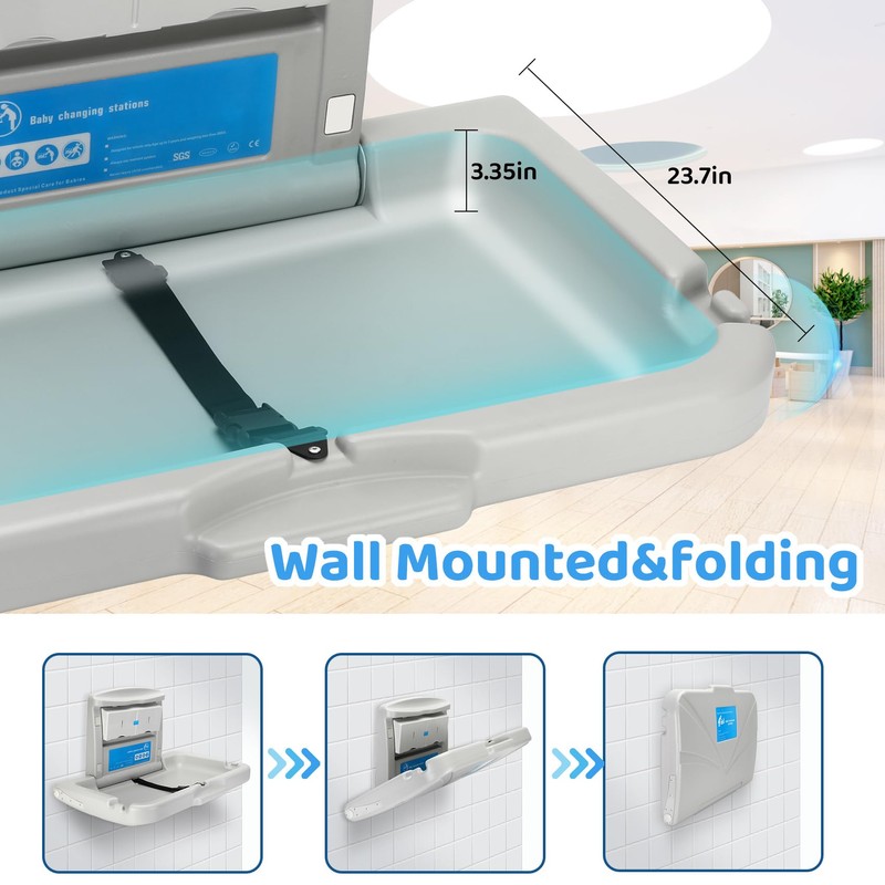 Commercial Baby Changing Station Diaper Wall Mount, Foldable Baby Change
