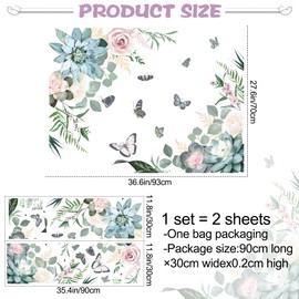 Buiory Pink Green Flowers Wall Decals Large Removable Floral Leaves Butterfly Wall Stickers Peel and Stick Delicate Blossom Art Applique for Bedroom Living Room Sofa Background Wall Decor