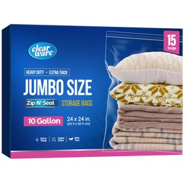 15 Count - Large Storage Bags With Zipper Top, 10 Gallon Size 24" x 24", Extra Large Plastic, For Clothes, Travel, Moving, BPA-Free, Heavy Duty 3-Mil Thick