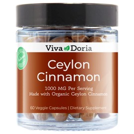 Viva Doria Ceylon Cinnamon, 60 Veggie Capsules, 1000mg Per Serving, Gelatin Free, Made from Organic True Ceylon Cinnamon, 60 Vegetable Capsules, Glass Jar