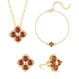 ZRU Sterling Silver Necklace Bracelet Earrings Set for Women Christmas | Four Leaf Lucky Clover Pendant Necklace Jewelry Set | Red CZ 18K Gold Plated Fashion Jewelry Birthday Valentines Gifts