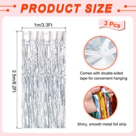 MECCANIXITY 3 Pack Foil Fringe Backdrop Curtains 3.3x8.2 Feet Bling Silver Tinsel Streamers Backdrop Door Curtains for Wedding Birthday Party Decorations