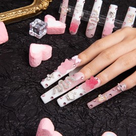 LOVFUL Press on Nails Marshmallo Gummy Bear Square | Luxury Diamond Pink Cotton Candy Nails| Pink Nails| Square Nails | 2.16in Long Square | H26(S)