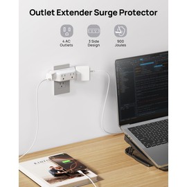 TROND Outlet Extender Surge Protector - Multi Plug Wall Outlet with 4 Grounded Sockets, 3 Way Angled Plug Adapter, 900J, Electrical Wall Splitter for Home Office Travel Dorm Room, White