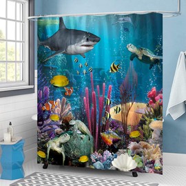 Ocean Shower Curtain Underwater World Shark Dolphins and Coral Reef, Fabric Ocean Bathroom Decor Shower Curtain with Hooks 71W x 71L inches (Blue3)