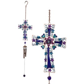 Ebros Gift Blue Floral Aquamarine Cross with Gemstones and Crystals Metal Scroll Filigree Resonant Relaxing Wind Chime 31" Long Aluminum Rods Hanging Mobile Home Patio Garden Decor