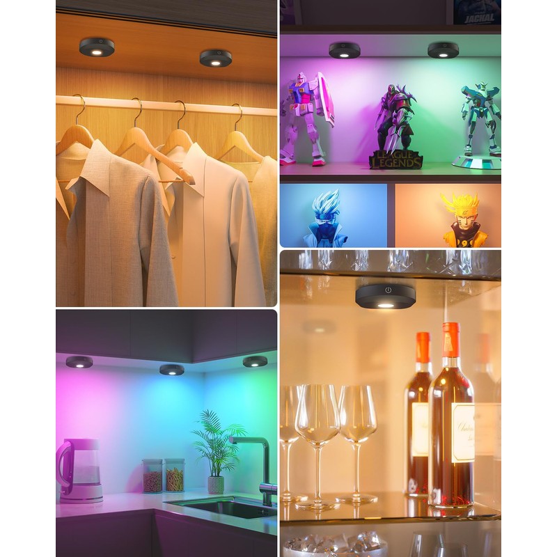 WILLED Under Cabinet Lighting Wireless,RGB Rechargeable Puck Lights with Remote