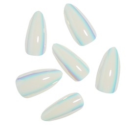 White Chrome Press on Nails Medium Almond Fake Glue on Nails Glossy Stiletto Acrylic False Nails Solid Color Shinny Stick on Nails for Women Girls Nails Decoration 24 Pcs