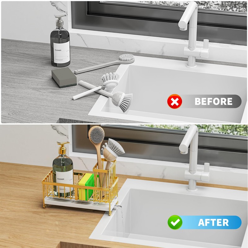 Cisily Gold Sponge Holder for Kitchen Sink, Sink Caddy Organizer