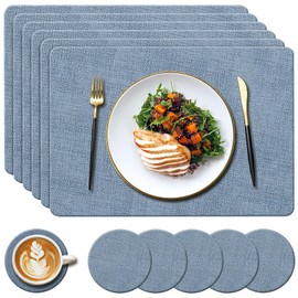 YUNJUER 6 Round Leather Place Mats(34cm) + 6 Coasters(10cm) Set, Heat-Resistant 212 °F PU Placemats, Non-Slip and Washable, Tablemats for Home, Hotel, Dining Table, Indoor, Outdoor, 43x30cm, (Blue)