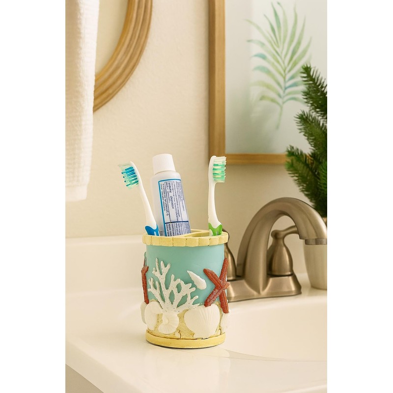 The Bridge Collection Coastal Toothbrush Holder with Starfish and Seashell