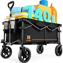 KIEYNEO Collapsible Wagon Cart, Heavy Duty Foldable Beach Wagon with Wider Wheels, Utility Grocery Shopping Cart for Garden, Camping, Sports, Black (Middle Size)