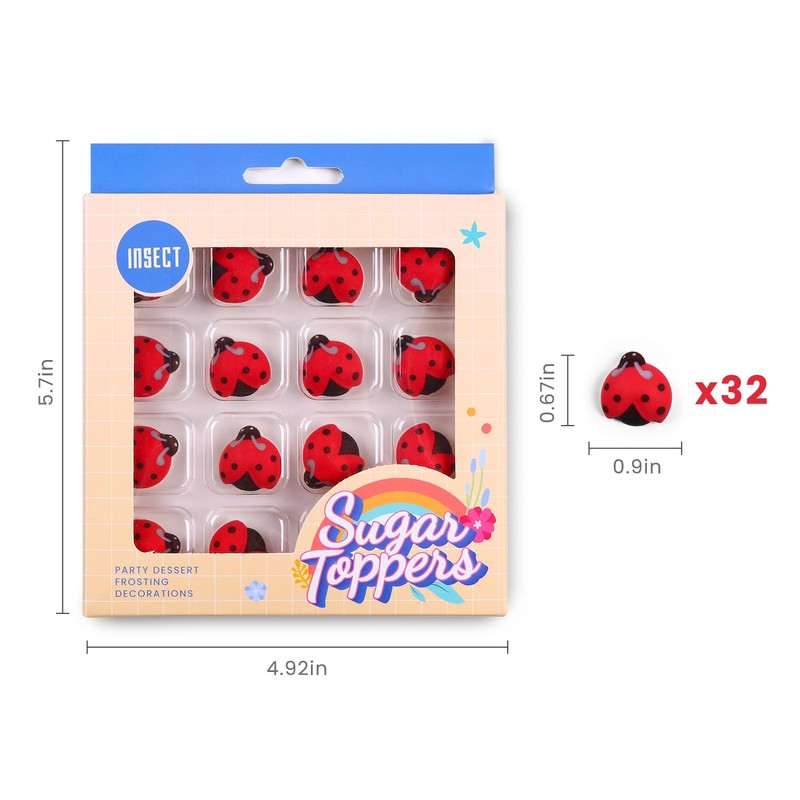 Edible Ladybug Cupcake Toppers 32pcs, Ladybug Icing Decorations for Cakes,