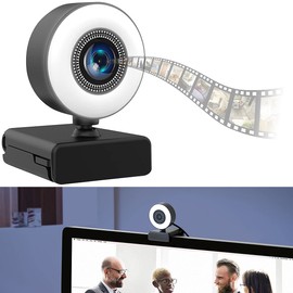 Somikon Webcam with Light: Full HD USB Webcam with LED Ring Light, Auto Focus, Dual Microphone, H.264 (USB Camera with Light, PC, Home Office)