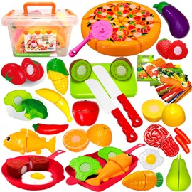 FUNERICA Play Kitchen Cutting Food Toys for Kids - Pretend Cutting Fruits, Vegetables, Cuttable Pizza Pie, Poultry and Fish, Toddler Play Kitchen Accessories with Pots and Utensils