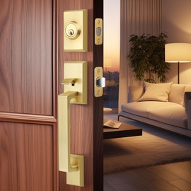 LOQRON Brushed Gold Front Door Handleset Heavy Duty Gold Door Handle and Deadbolt Lock Set, Square Entry Handle Set with Single Cylinder Deadbolt for Right & Left Handed Doors, Satin Brass