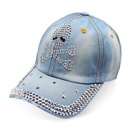 Glamexx24 Jeans Baseball Cap Unisex with Rhinestones Baseball Cap with Adjustable Buckle Sun Cap for Hiking and Sports, Skull-Light Blue, Unit size