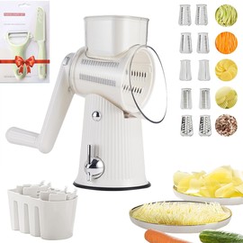 BSFRNF 5 In 1 Rotary Cheese Grater Vegetable Slicer for Kitchen, Potato Ricer Microplane, Carrot Shredder Tool-Food Shredders with 5 Sets Interchangeable Blades And Strong Suction Base (White)