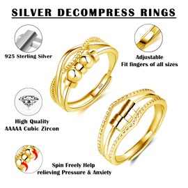 Josfeva Silver 925 Anxiety Rings, 2 Pieces 925 Sterling Silver Anti-Stress Rings Set, Open Adjustable Anxiety Ring, Spinner Fidget Partner Rings with Beads, Unisex Decompression Rings for Anxiety