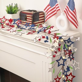 Glitinsel 6ft 4th of July Garland Patriotic Red White Blue Garland American Lighted Vine Branches Star Ornaments and LED Twigs for Mantel Fireplace Shelf Table Decor Independence Day Decorations