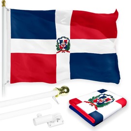 G128-6 Feet Spinning Flagpole (White) Dominican Republic 150D Flag Brass Grommets Printed 3x5 ft (Flag Included) Aluminum Flag Pole