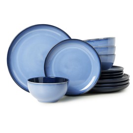 Pokini Stoneware Dinnerware Sets, Ceramic Plates and Bowls Set, Microwave & Dishwasher Safe Kitchen Dish Set, Modern Dinner Plates | Salad Plate | Cereal Bowls for 4, Dishware Sets Blue