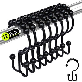 12PCS Shower Curtain Hooks Rings for Bathroom, Stainless Steel Metal Rust Resistant Balance Sliding Double Hooks Shower Curtain Rings for Shower Curtains, Clothing, Towels, etc.(Black)