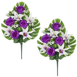 Hollyone 2 Set Artificial Cemetery Flowers for Grave, Silk Purple Fake Rose Lily Bouquet Floral Arrangement Flower Outdoor Graveyard Memorial Flowers for Cemetery Headstones Funeral Vase Decoration