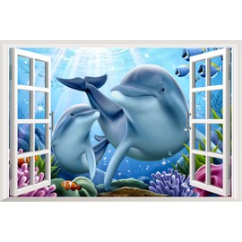 3D Sea World Fake Window Sticker, Dolphin Sea Turtle Tropical Fish Sea Life Wall Decals, Peel and Stick Removable Window Decoration, Boys and Girls Bedroom Living Room Wall Decor,23.6”×35.4''