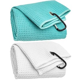 Juego de 2 toallas de microfibra de tres pliegues con clip de mosquetón, toallas de golf con patrón de gofre para bolsas, toallas deportivas al aire libre (2 piezas, azul turquesa + blanco)
