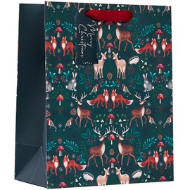 Design By Violet Merry Christmas Woodland Animal Gift Bag with Gift Tag - Green - Large - Gift Bag for Christmas, Gift Wrap, Christmas Wrapping Paper, Xmas, Festive Gift Bag