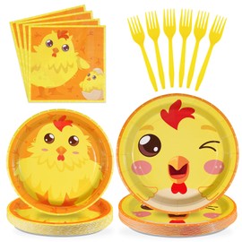 96Pcs Chicken Birthday Party Supplies Yellow Chicken Party Plates Disposable 350GSM Chicken Birthday PaperTableware Set for Kids Birthday Baby Shower Chicken Birthday Decorations, Serves 24