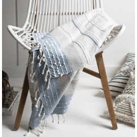 Hauteloom Wetherby Boho Throw Blanket with Tassel for Couch, Bed - Square Tiles Striped Decorative Throw - 50" x 60" - Blue, Dusty Pink, Beige