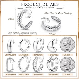 YADOCA 9 Pairs Silver Clip on Hoop Earrings for Women 14K Silver Plated Twist Waterdrop Chunky Hoop Clip Earrings No Piercing Fake Earrings Set