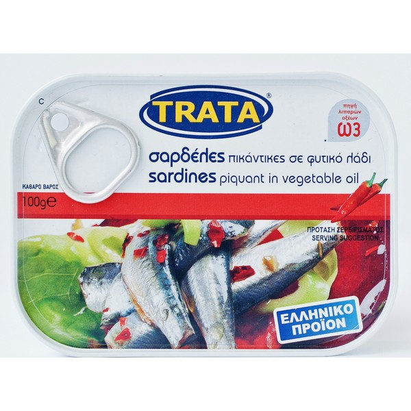 Greek Trata Canned Sardeles From the Aegean Sea Sardines Piquant in Vegetable Oil 100g