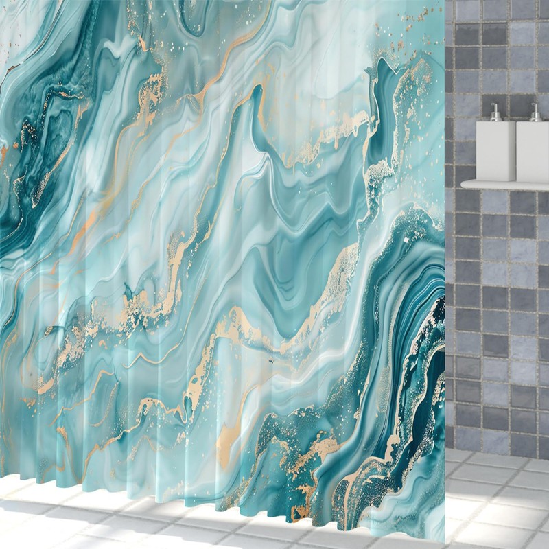 ChloropLastid Teal Marble Shower Curtain 72x72 Inch Abstract Turquoise Gold