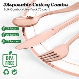 FOCUSLINE 75 Pack Rose Gold Plastic Silverware Disposable Cutlery Set - 25 Forks, 25 Knives, 25 Spoons - Disposable Flatware Heavy Duty Plastic Utensils Set for Catering, Parties, Dinners, Weddings