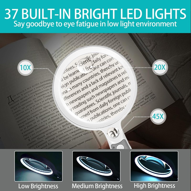 Large Magnifying Glass with 37 LED Light, 10X 20X 45X