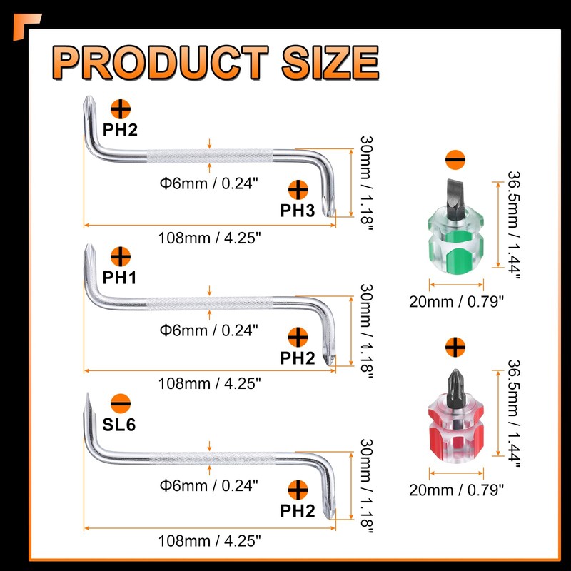 sourcing map 5pcs Offset Screwdriver Set PH3/PH2 PH2/PH1 PH2/SL6 Phillips
