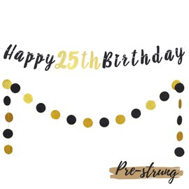 LASKYER Happy 25th Birthday Bunting Banner with Black & Gold Glitter Circle Dots Set Perfect for 25 Years Old Birthday Party Decorations.