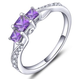 YL Women's Sterling Silver Clear Created Amethyst 3-stone Princess Cut Wedding Rings for Engagement Jewelry-size5