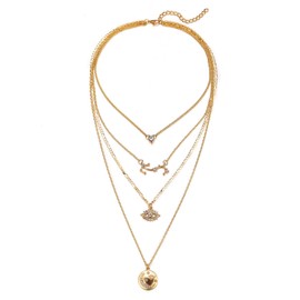 Sttiafay Gold Layered Necklace for Women Dainty Multilayer Disc Moon Pendant Necklace VIntage Rhinestone Evil Eye Choker Necklace Gifts for Her