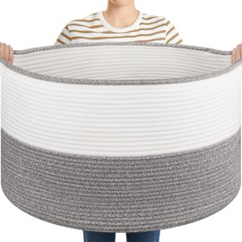 OIASKET Large Blanket Basket with Handles, 22.8" x 22.8" x 13" Woven Storage Basket for Living Room, Cotton Rope Baby Toy Storage for Clothes, Pillows, Towels-Grey and White