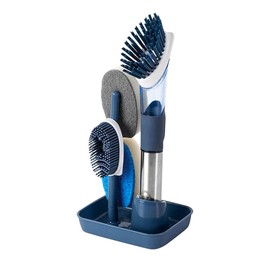Ieron Blue Dish Scrubber Brush Set with 4 Multi-functional Heads and Handle Soap Dispensing Dish Brush Wash Up Brushes Sponge for Pot Pan Dish Sink Kitchen Cleaning