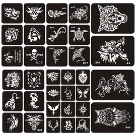 6 Sheets Temporary Tattoo Stencils, 34pcs Animal Tiger Wolf Totem Patterns, Henna Tattoo Stencil Kit, Arabian Tattoo Stickers for Face Body Paint Art