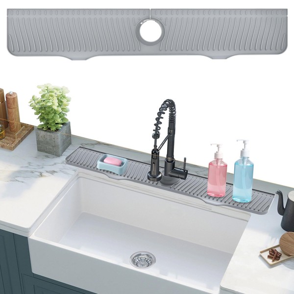 32 inch Kitchen Sink Splash Guard, 32”x 5.5”Silicone Sink Faucet Splash Guard, Longer Silicone Sink Mat for Kitchen, Bathroom, Laundry Room, Farmhouse, Bar & RV (Grey)