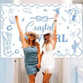 Coastal Cowgirl Backdrop Blue Bachelorette Party Decorations Sea Shell Cowgirl Hat Cowgirl Boot Photography Background Photo Booth Banner Props for Girls Bachelorette Party Decor Supplies 5x3ft