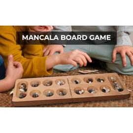 Ajuny Wooden Mancala Board Game Set - Folding Board with Multicolor 48+32 Stones, Ideal for Family Night, Portable Travel Fun Classic Table Game for Adults & Kids