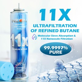 NEON Butane Refill, 11X Ultra-Refined Butane Fuel, 300ml Premium Lighter Fluid with Metal Nozzle & 5 Butane Gas Refill Adapters for Refillable Jet Flame Lighters, Torches, and Culinary Use, 12 Cans